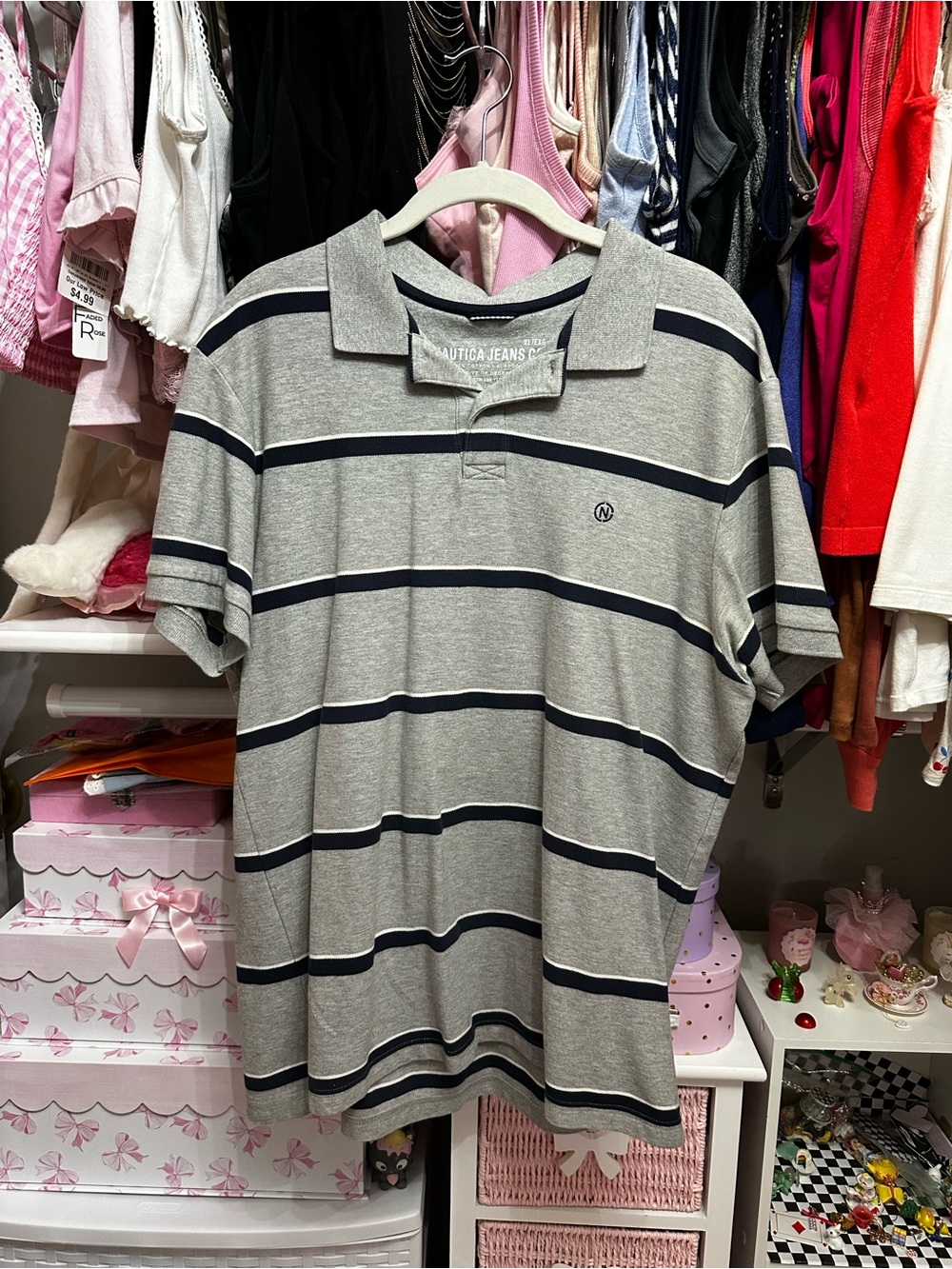 Nautica Jeans Co. Gray & Navy Blue Stripe Polo XL